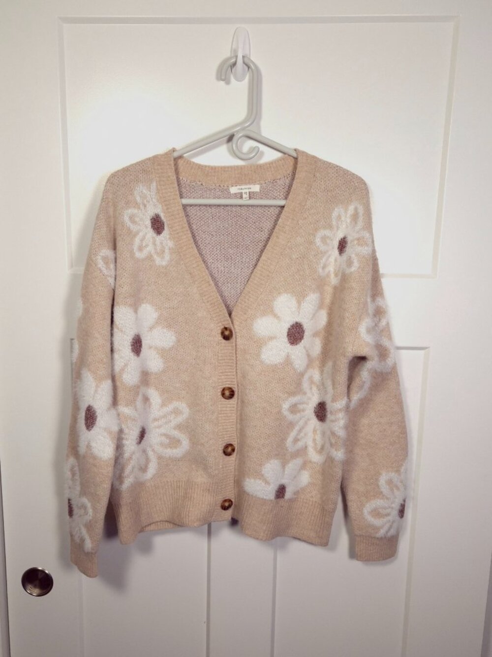 Maurices Cardigan Women S Tan Floral Daisy Fuzzy Button Front Oversized